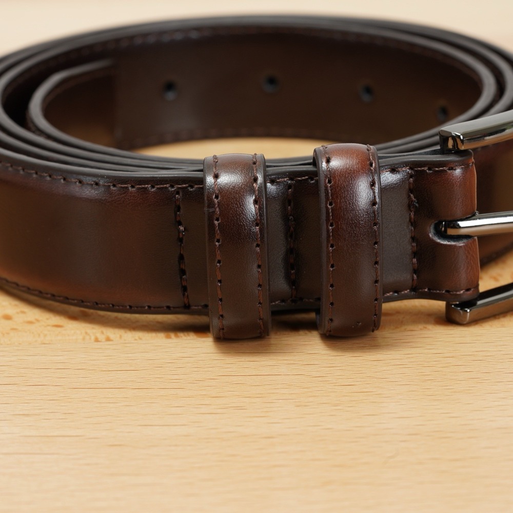 Men's Leather Dress Belt 44" Coffee Brown Classic Stitched 1.1" Wide Buckle - Picture 5 of 12